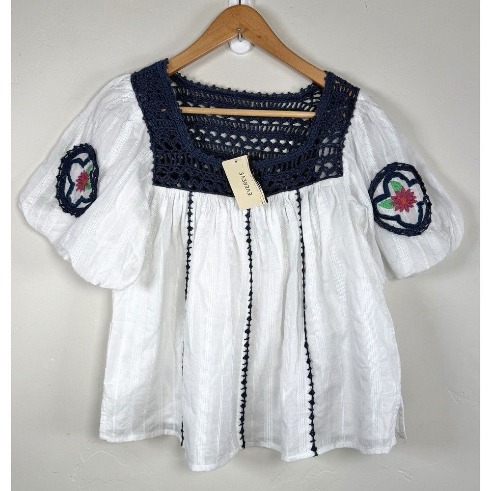 NWOT Cleobella White and Navy Short Sleeve Top